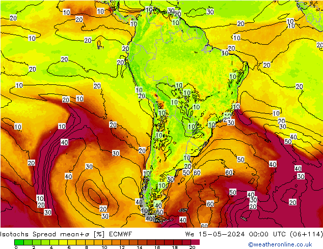 Isotachs Spread ECMWF mer 15.05.2024 00 UTC