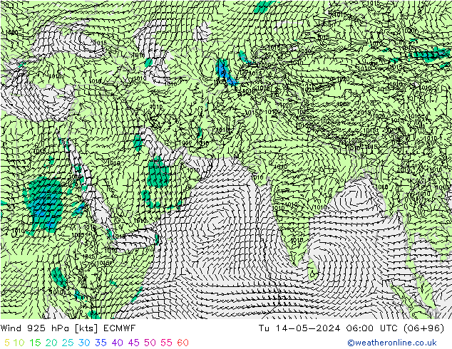 Wind 925 hPa ECMWF Út 14.05.2024 06 UTC