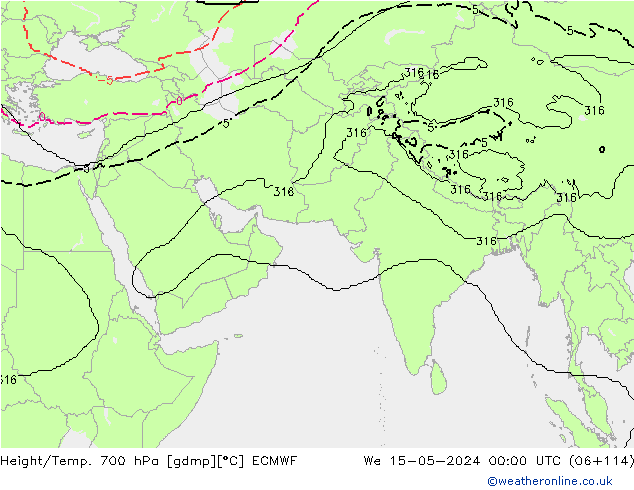 Geop./Temp. 700 hPa ECMWF mié 15.05.2024 00 UTC