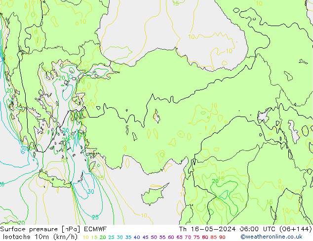 Isotachs (kph) ECMWF Th 16.05.2024 06 UTC