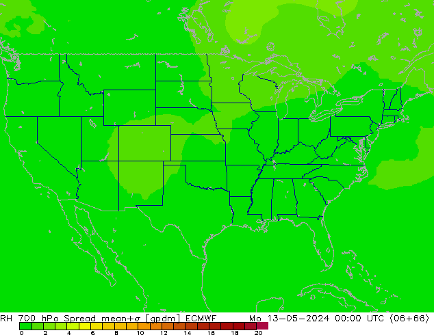 RH 700 hPa Spread ECMWF pon. 13.05.2024 00 UTC