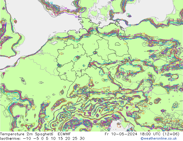 Temperatura 2m Spaghetti ECMWF vie 10.05.2024 18 UTC