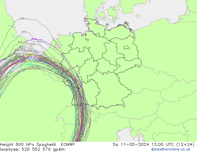 Hoogte 500 hPa Spaghetti ECMWF za 11.05.2024 12 UTC
