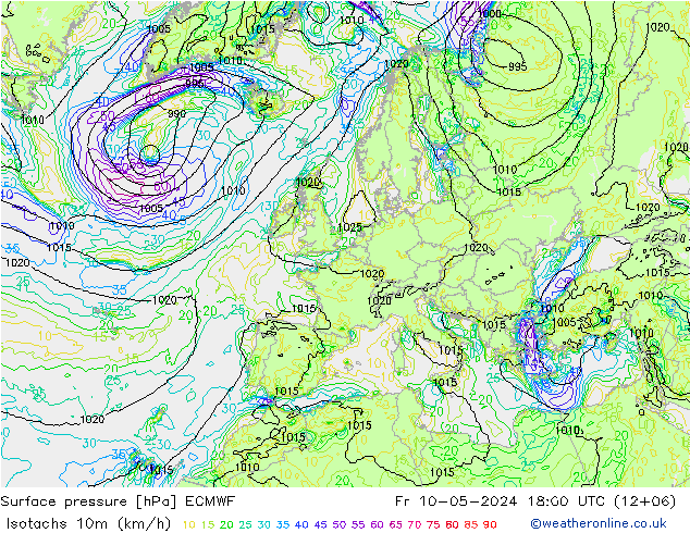 Isotachs (kph) ECMWF ven 10.05.2024 18 UTC