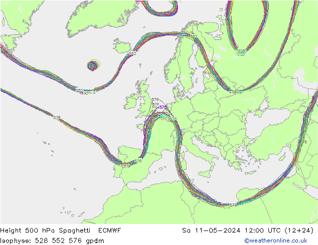 Height 500 hPa Spaghetti ECMWF Sa 11.05.2024 12 UTC