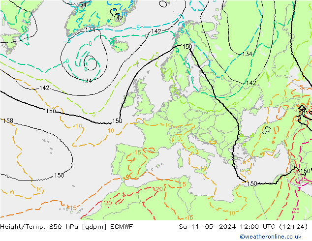 Geop./Temp. 850 hPa ECMWF sáb 11.05.2024 12 UTC