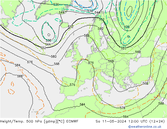 Height/Temp. 500 hPa ECMWF Sa 11.05.2024 12 UTC