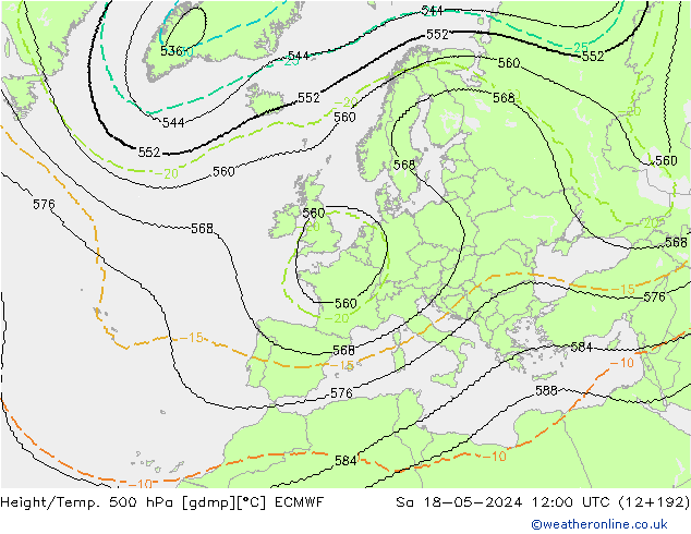 Height/Temp. 500 hPa ECMWF Sa 18.05.2024 12 UTC