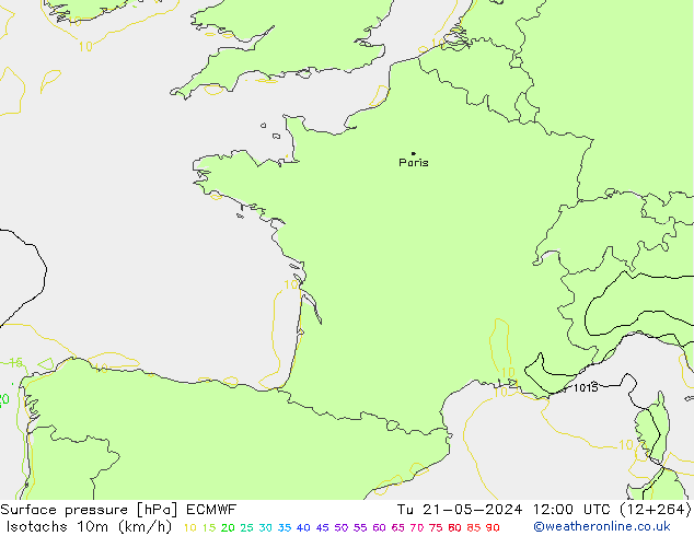 Isotachs (kph) ECMWF Tu 21.05.2024 12 UTC