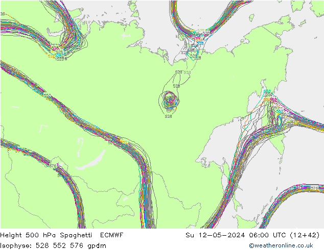 Height 500 hPa Spaghetti ECMWF nie. 12.05.2024 06 UTC