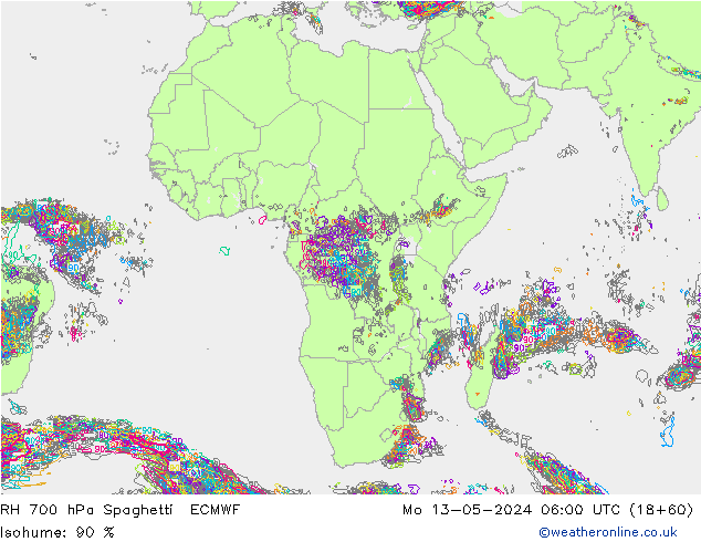 RH 700 hPa Spaghetti ECMWF lun 13.05.2024 06 UTC