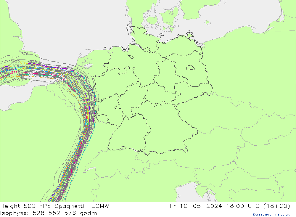 Height 500 hPa Spaghetti ECMWF Pá 10.05.2024 18 UTC