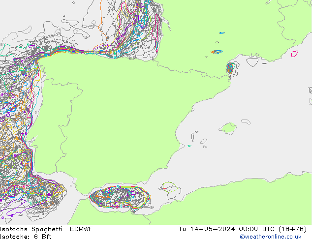 Izotacha Spaghetti ECMWF wto. 14.05.2024 00 UTC