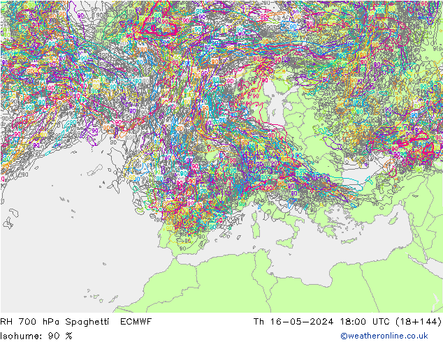 RH 700 hPa Spaghetti ECMWF czw. 16.05.2024 18 UTC