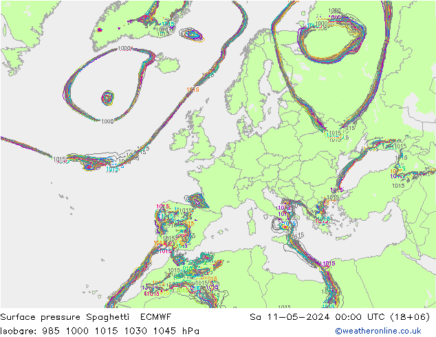 Pressione al suolo Spaghetti ECMWF sab 11.05.2024 00 UTC