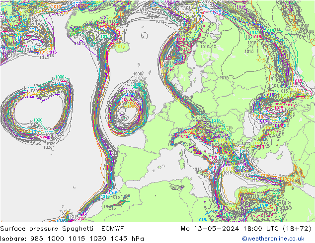 Surface pressure Spaghetti ECMWF Mo 13.05.2024 18 UTC