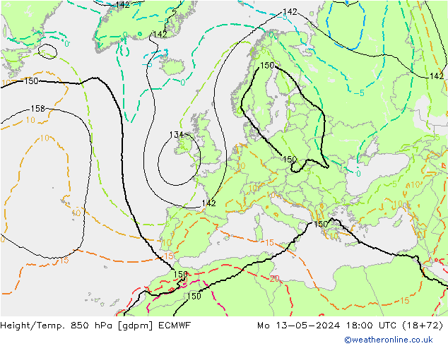 Yükseklik/Sıc. 850 hPa ECMWF Pzt 13.05.2024 18 UTC