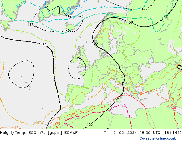 Height/Temp. 850 hPa ECMWF czw. 16.05.2024 18 UTC
