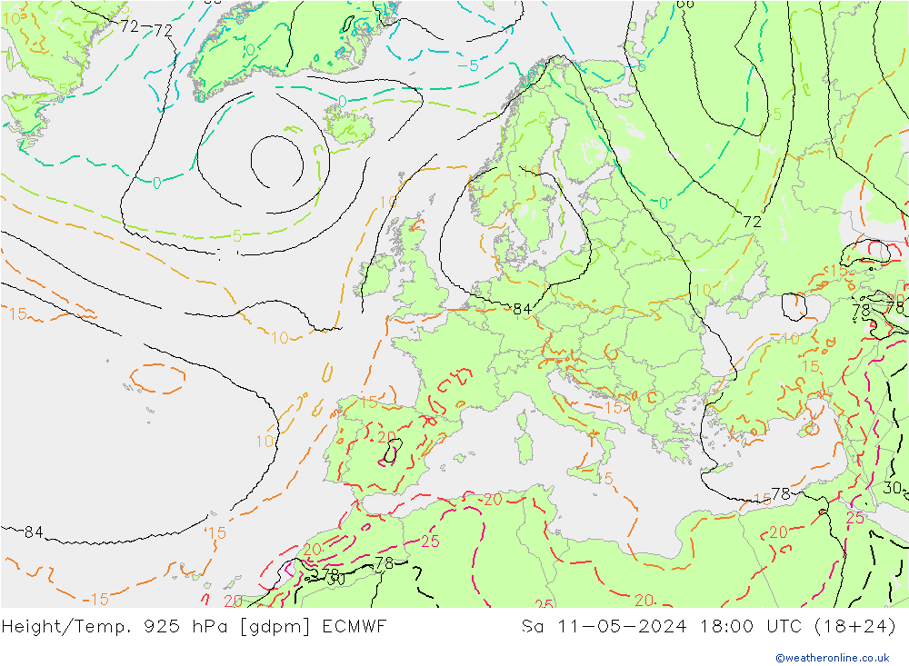 Height/Temp. 925 hPa ECMWF Sa 11.05.2024 18 UTC