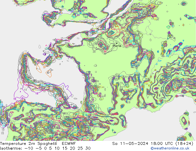 Temperatura 2m Spaghetti ECMWF sab 11.05.2024 18 UTC