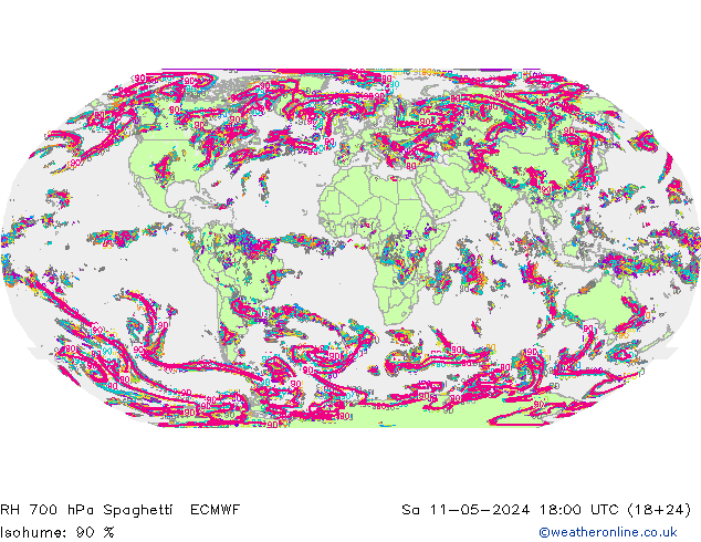 Humedad rel. 700hPa Spaghetti ECMWF sáb 11.05.2024 18 UTC