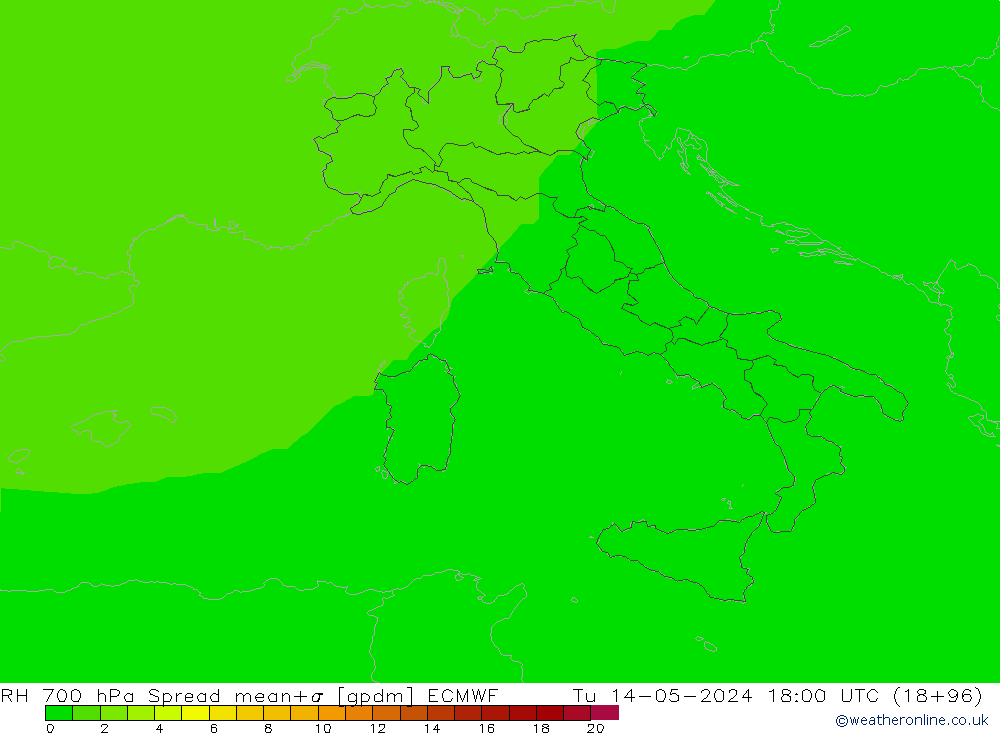 Humedad rel. 700hPa Spread ECMWF mar 14.05.2024 18 UTC