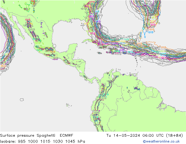 pressão do solo Spaghetti ECMWF Ter 14.05.2024 06 UTC