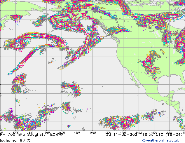 RH 700 hPa Spaghetti ECMWF so. 11.05.2024 18 UTC