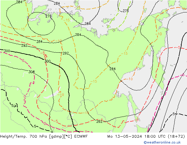 Height/Temp. 700 hPa ECMWF Mo 13.05.2024 18 UTC