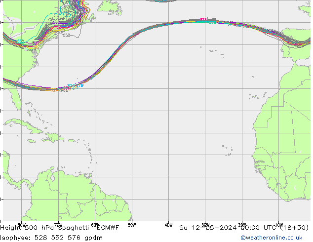 Height 500 hPa Spaghetti ECMWF Su 12.05.2024 00 UTC