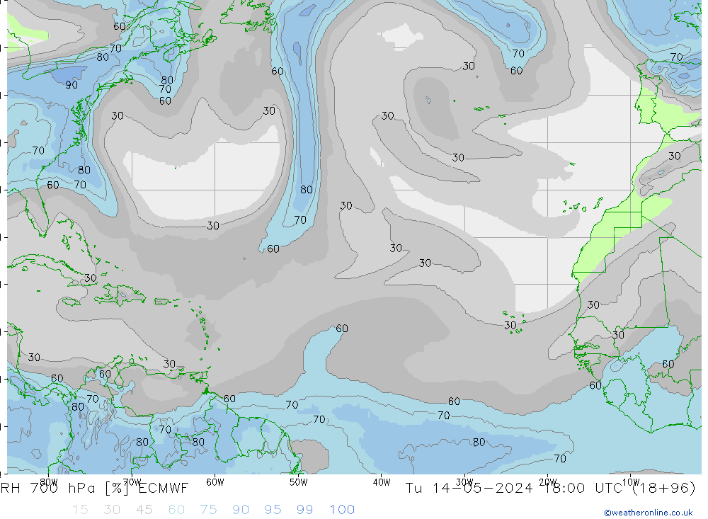 RH 700 hPa ECMWF Tu 14.05.2024 18 UTC
