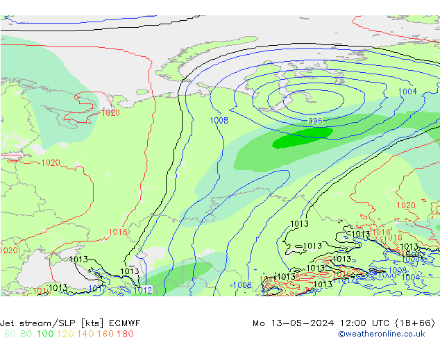 Jet stream/SLP ECMWF Mo 13.05.2024 12 UTC