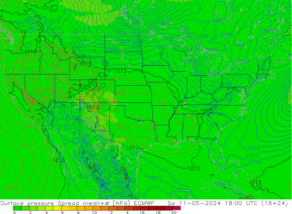 Surface pressure Spread ECMWF Sa 11.05.2024 18 UTC