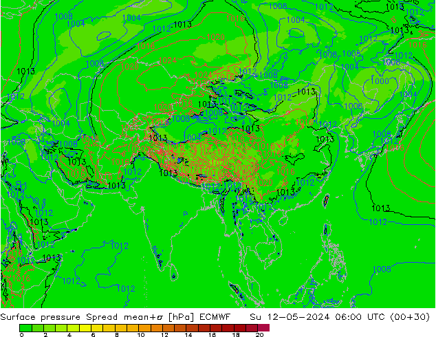 Atmosférický tlak Spread ECMWF Ne 12.05.2024 06 UTC