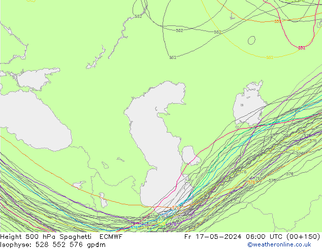 Hoogte 500 hPa Spaghetti ECMWF vr 17.05.2024 06 UTC