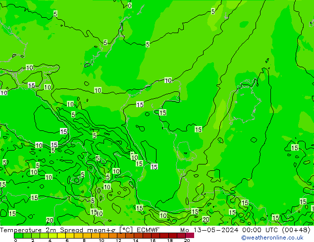 Temperature 2m Spread ECMWF Mo 13.05.2024 00 UTC