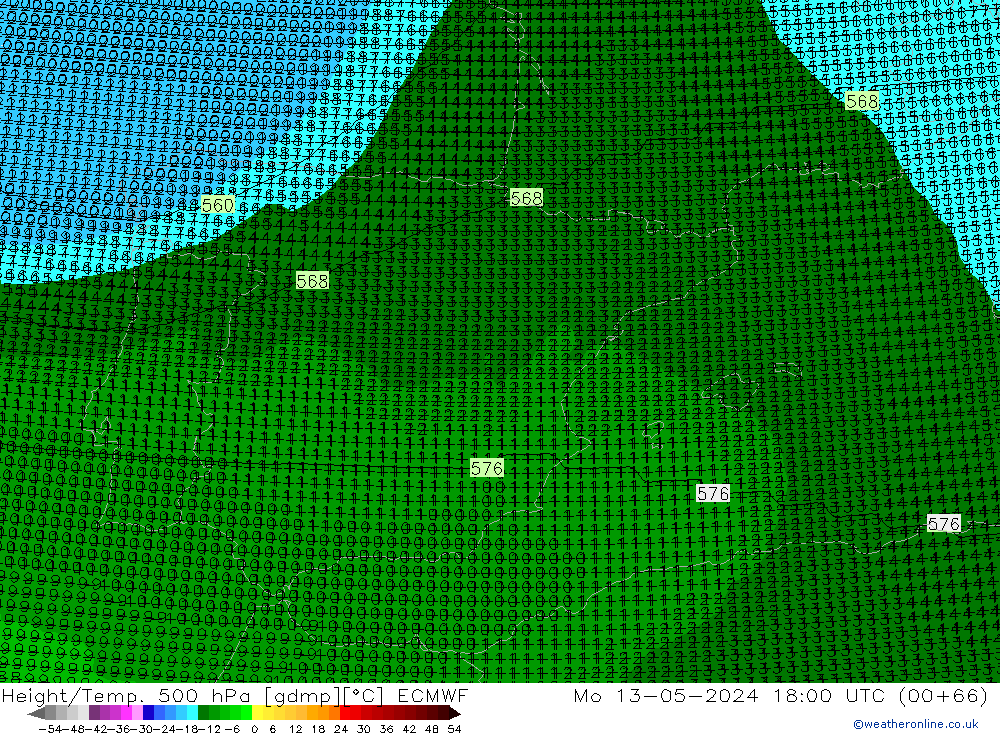 Height/Temp. 500 hPa ECMWF Mo 13.05.2024 18 UTC