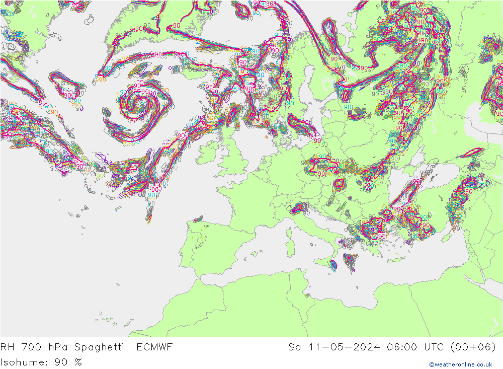 RH 700 hPa Spaghetti ECMWF Sa 11.05.2024 06 UTC