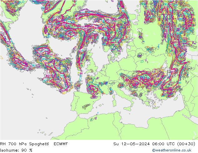 RH 700 hPa Spaghetti ECMWF Ne 12.05.2024 06 UTC