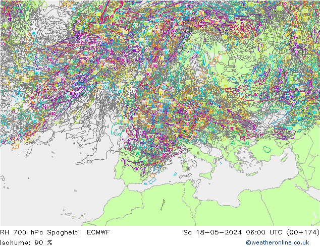RH 700 hPa Spaghetti ECMWF Sa 18.05.2024 06 UTC