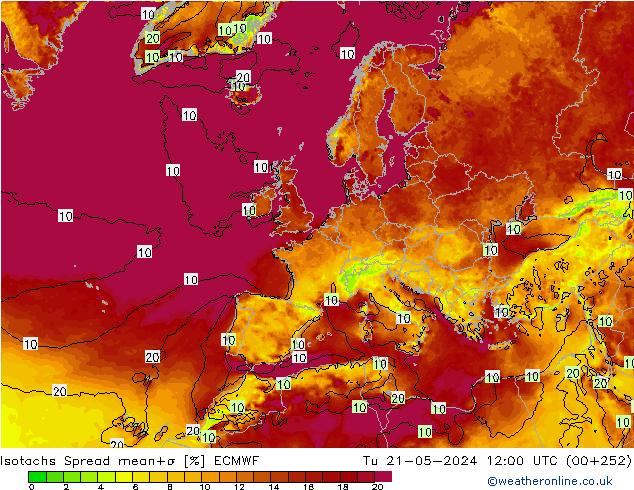 Isotachs Spread ECMWF Tu 21.05.2024 12 UTC