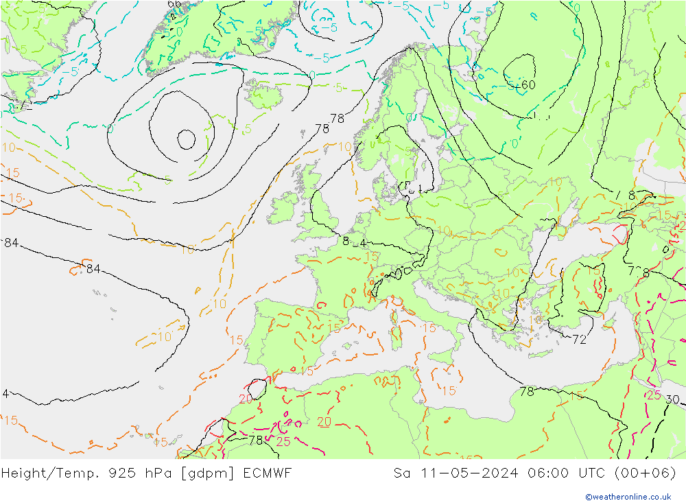 Height/Temp. 925 hPa ECMWF Sa 11.05.2024 06 UTC