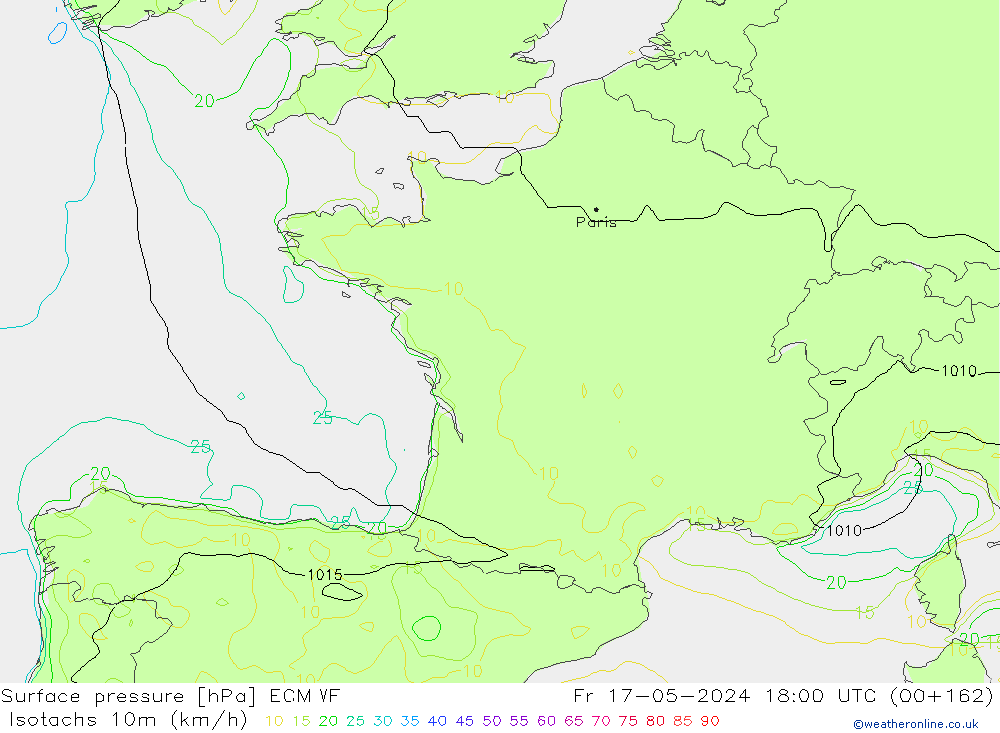 Isotachs (kph) ECMWF Fr 17.05.2024 18 UTC