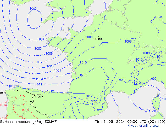 Surface pressure ECMWF Th 16.05.2024 00 UTC