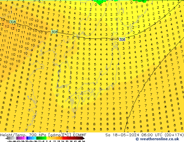 Hoogte/Temp. 700 hPa ECMWF za 18.05.2024 06 UTC