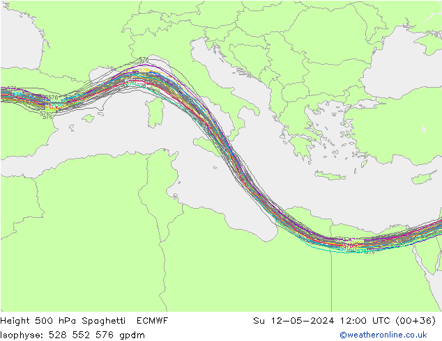 Height 500 hPa Spaghetti ECMWF  12.05.2024 12 UTC