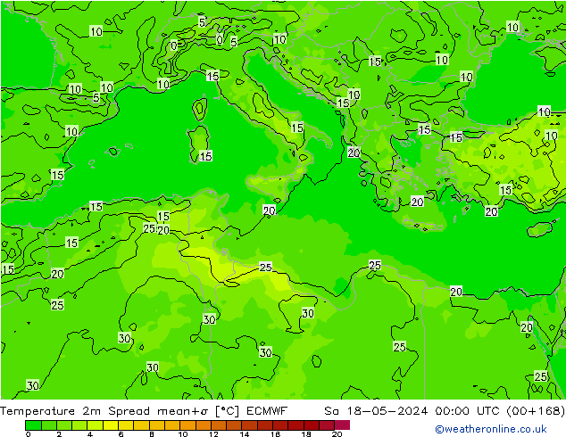 Temperatura 2m Spread ECMWF sab 18.05.2024 00 UTC