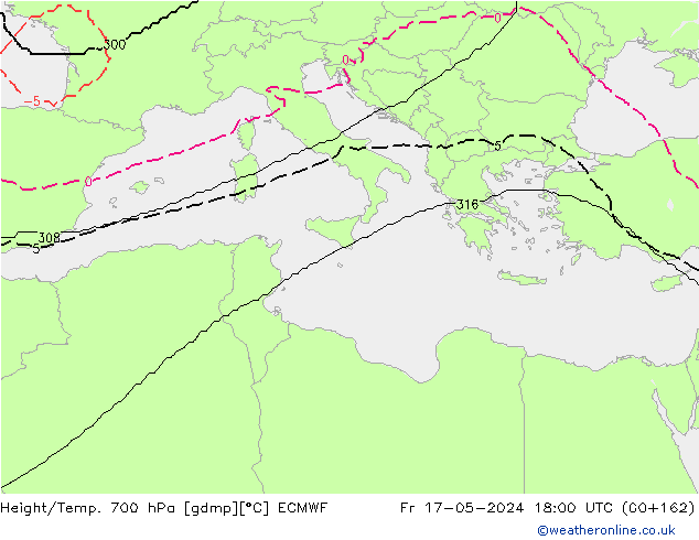 Height/Temp. 700 hPa ECMWF Pá 17.05.2024 18 UTC