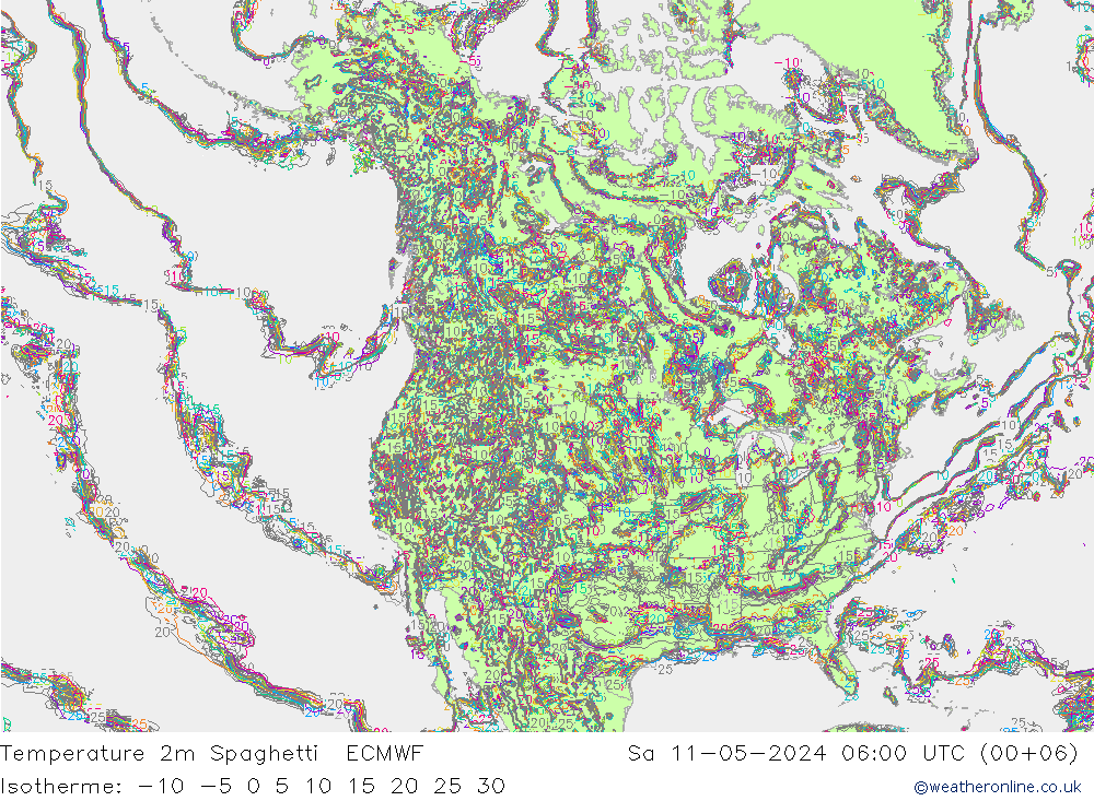 mapa temperatury 2m Spaghetti ECMWF so. 11.05.2024 06 UTC