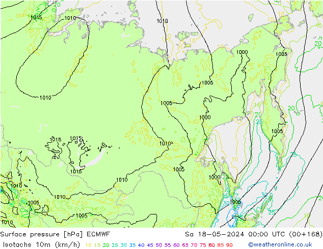 Isotachs (kph) ECMWF Sáb 18.05.2024 00 UTC